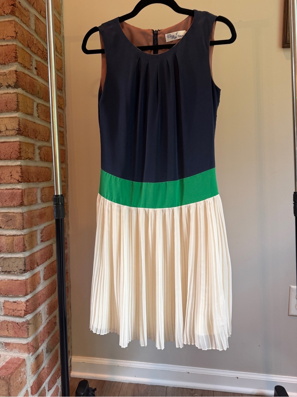Silk Eliza J. Royalty Colorblock Pleated Skirt Dress with Green Waistband
